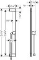 Hängende Brausestange von Hansgrohe mit Halterung und Schlauch, dargestellt in seitlicher und frontaler Ansicht. Maße und Konstruktion sind schematisch abgebildet.